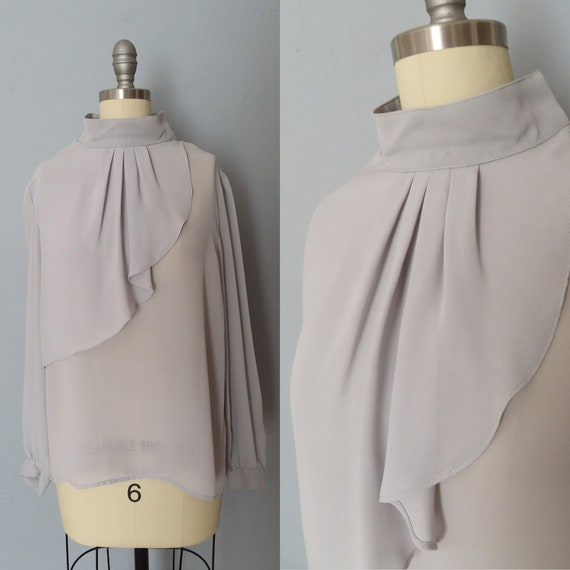 1960s gray draped mock neck blouse | size medium … - image 1