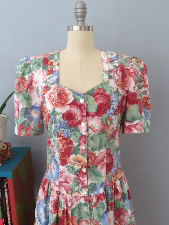 1980s cabbage rose floral cotton dress | medium |… - image 3