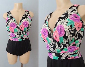 Maillot de bain une pièce à fleurs rose et noir Catalina des années 1970 | taille moyenne | bombe pin up maillot de bain