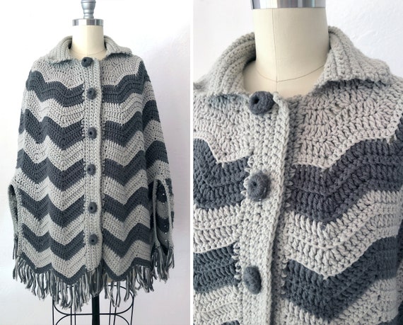 1970s crocheted chevron poncho wrap shawl | mediu… - image 1
