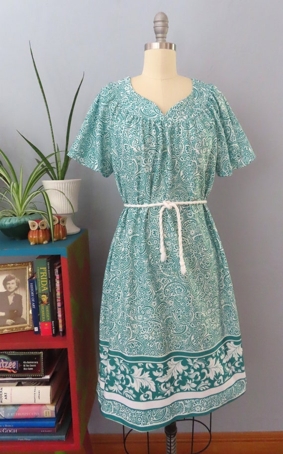 1980s green paisley floral house dress | large | m