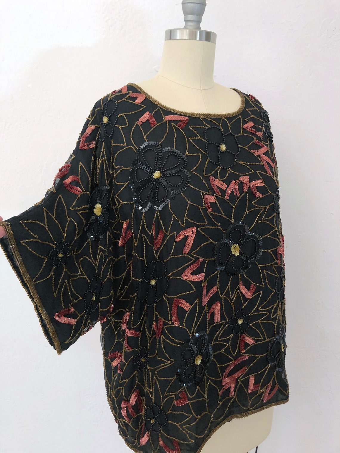 Vintage 80s Floral Beaded Silk Blouse Size XL Beaded - Etsy