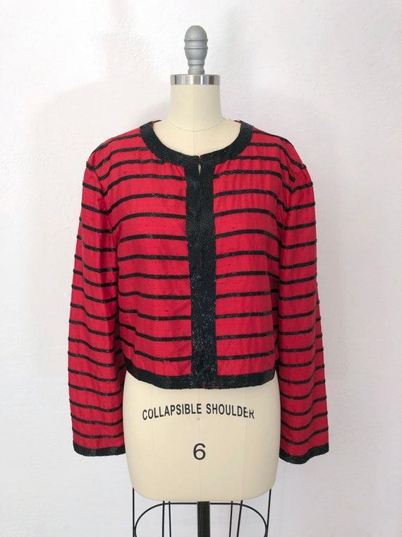 1970s Scala Red and Black Beaded Striped Silk Cardigan Size XL Red Striped Sweater Cardigan Holiday Party Top Evening Wear Formal Jacket Etsy UK