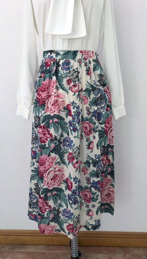 1970s rose floral pleated midi skirt | small | of… - image 3