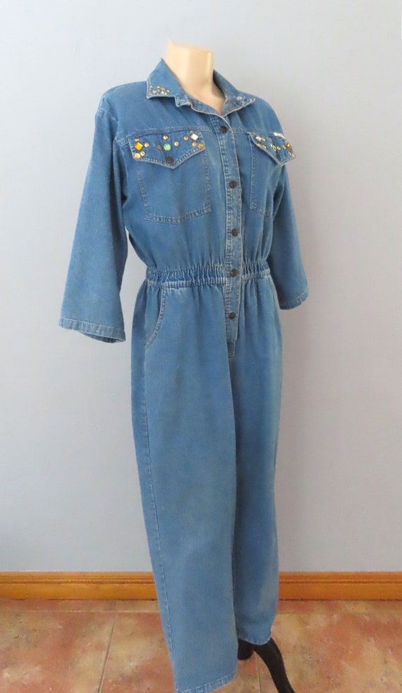 1980s rhinestone studded denim overall jumpsuit |… - image 3