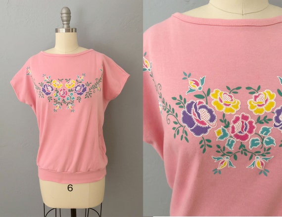 1980s pink floral print top | medium | flower | b… - image 1