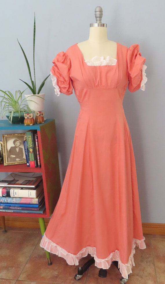 1970s Pink Ruffle Maxi Dress: Vintage Cottagecore Prom Costume (Size Medium)