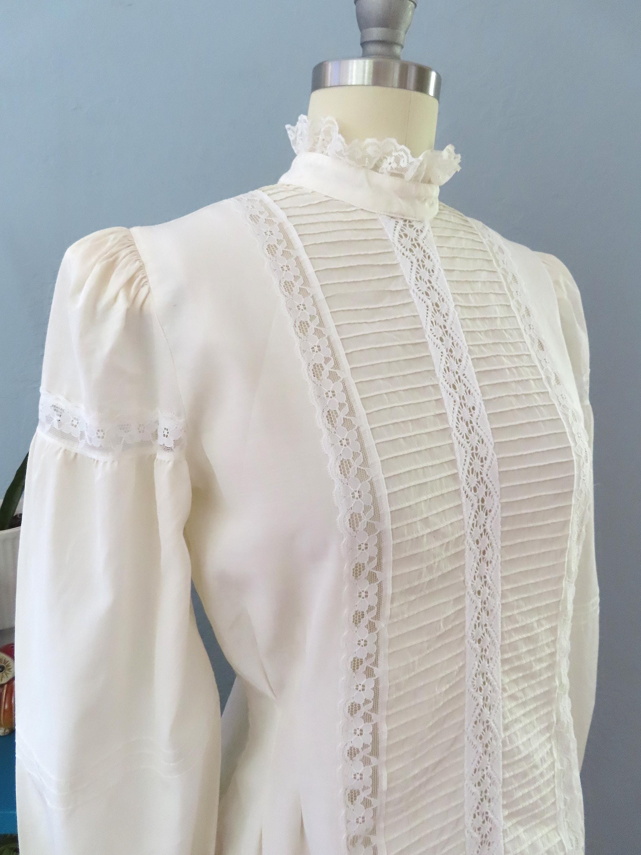 1980s off White Lace High Neck Silk Blouse | Large L 1980s off White Lace High Neck Silk Blouse | Large L