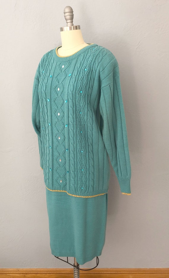 1980s blue green knit sweater skirt set | small |… - image 3