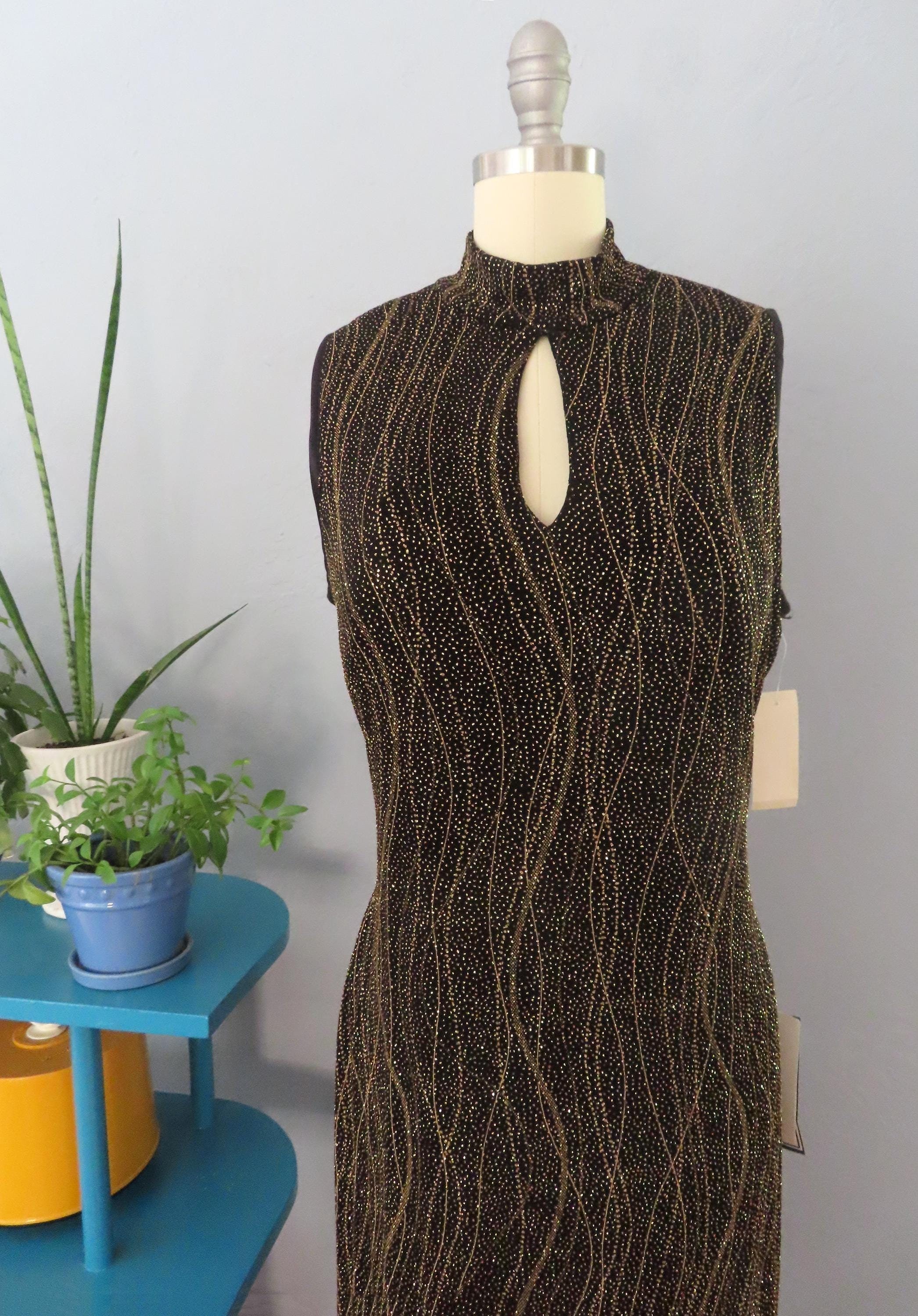 1980s Ronni Nicole knit black & gold metallic glitter gown | large XL | 70s 80s disco party dress prom dress formal party knit maxi dress