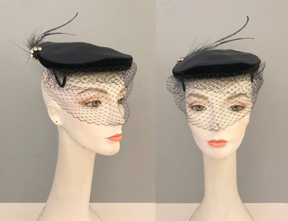 vintage 1950s pillbox veiled feather rhinestone ha
