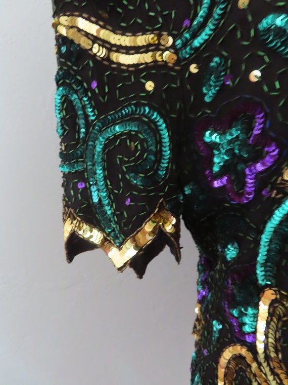 vintage 80s silk sequin beaded floral blouse top … - image 8