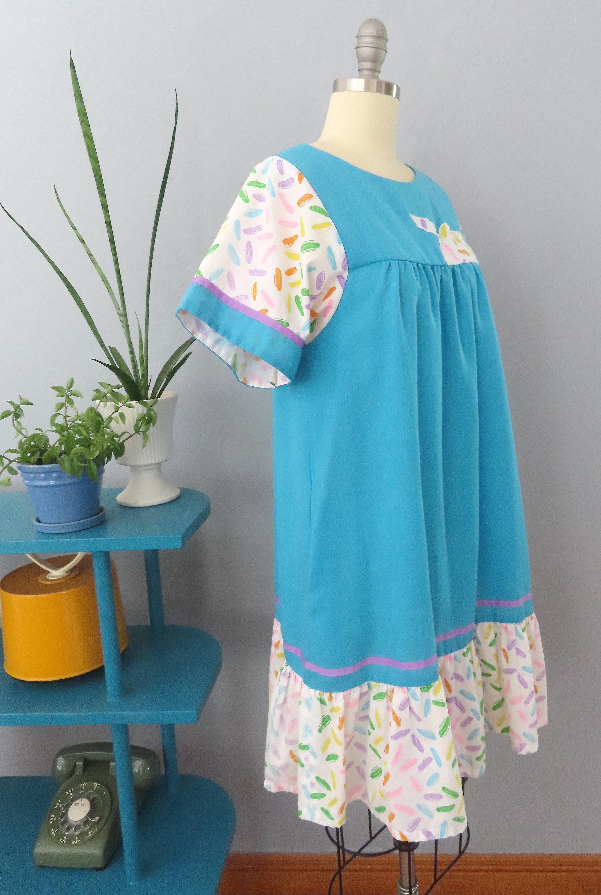 LIBERTY HOUSE HAWAII ハワイアン ムームー パフスリーブ 1980s Liberty House Hawaiian Muumuu Dress: Blue Swirl, Size Medium