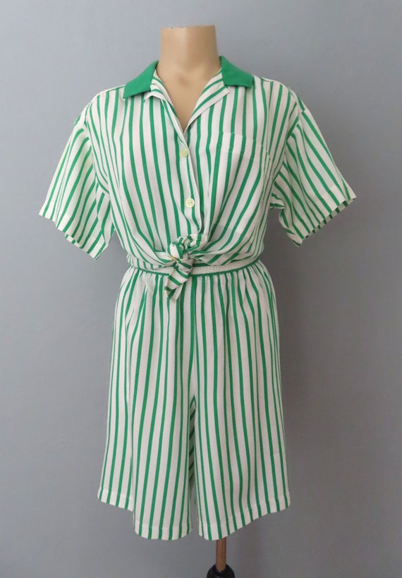 1980s green striped top and shorts set | med larg… - image 2