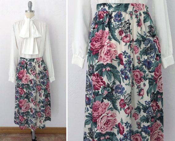 1970s rose floral pleated midi skirt | small | of… - image 1