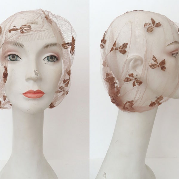 1950s brown bow tulle net hooded scarf hair do curler head net | one size | 50s curler scarf sheer hair net hair scarf