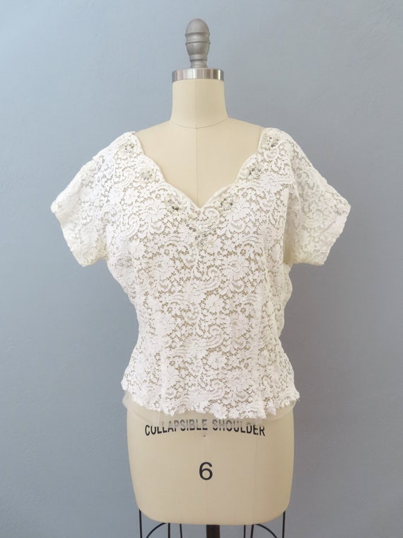 1960s White Lace Sequin Top: Vintage Bridal Blouse (M/L)