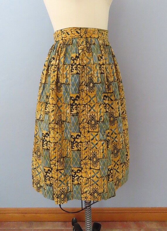 1980s yellow blue abstract print batik skirt | si… - image 2