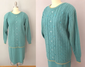 Ensemble jupe-pull en tricot bleu-vert des années 1980 | petit | Ensemble assorti robe-pull avec haut jupe 2 pièces Ensemble pull de vacances