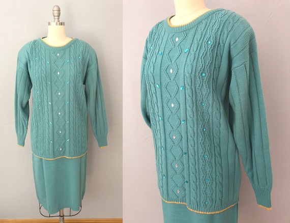 1980s blue green knit sweater skirt set | small |… - image 1
