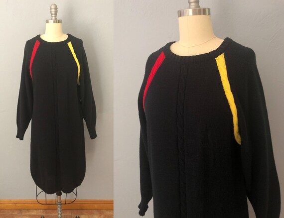 1970s black cable knit sweater dress | size large… - image 1