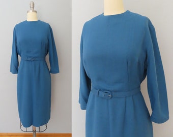 1950s blue wool belted wiggle dress | size medium | fitted dress hourglass 1940s 1950s pinup cocktail dress party dress 50s wiggle