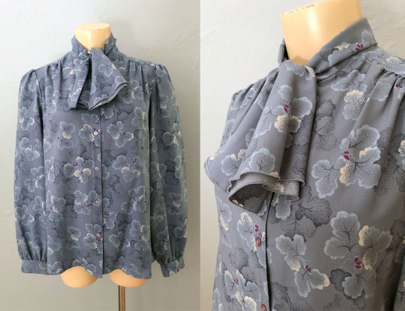 vintage 80s floral tie neck blouse | size large |… - image 1