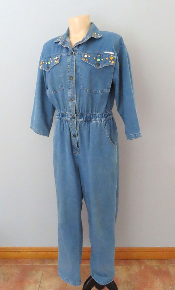 1980s rhinestone studded denim overall jumpsuit |… - image 4