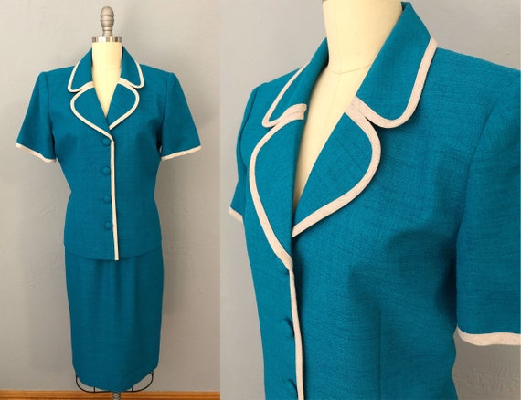 vintage 1980s 2 piece knit suit jacket skirt set L