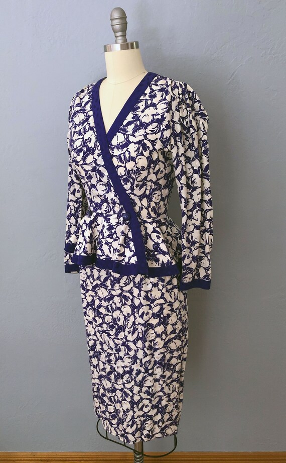 1980s silk floral blouse + skirt dress 2 piece dr… - image 3