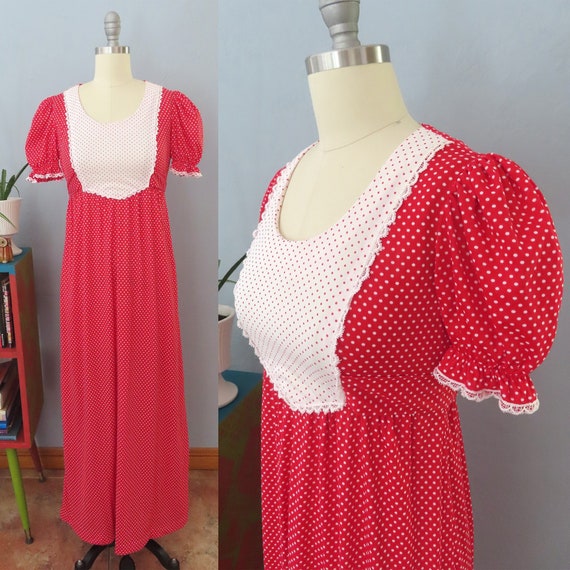 1970s Oops red polka dot maxi dress | medium | bo… - image 1
