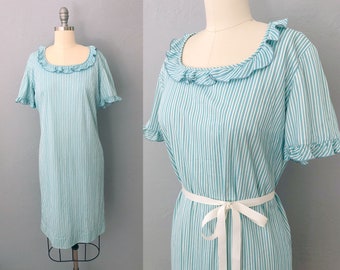 1960s blue striped ruffle dress Bunnys Casual of Miami | size large | 60s sheath dress