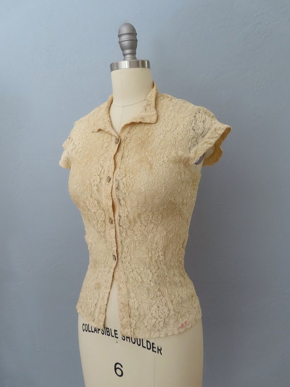 1940s 50s beige nylon lace buttonup blouse | size… - image 7