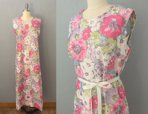 1960s sleeveless abstract floral maxi dress | siz… - image 1