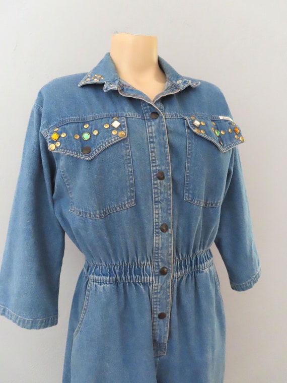 1980s rhinestone studded denim overall jumpsuit |… - image 5