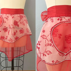 1960s red floral sheer apron | valentine day gift apron hostess apron frilly apron pin up valentines day gift gift for her