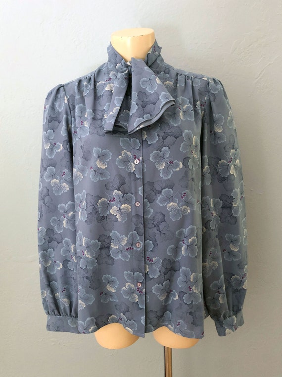 vintage 80s floral tie neck blouse | size large |… - image 4
