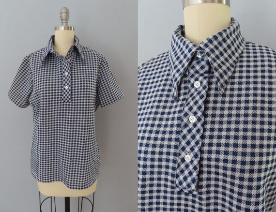 1970s gingham checked polo shirt | women medium |… - image 1