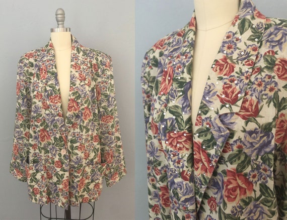 vintage 70s floral print rhinestone studded blazer