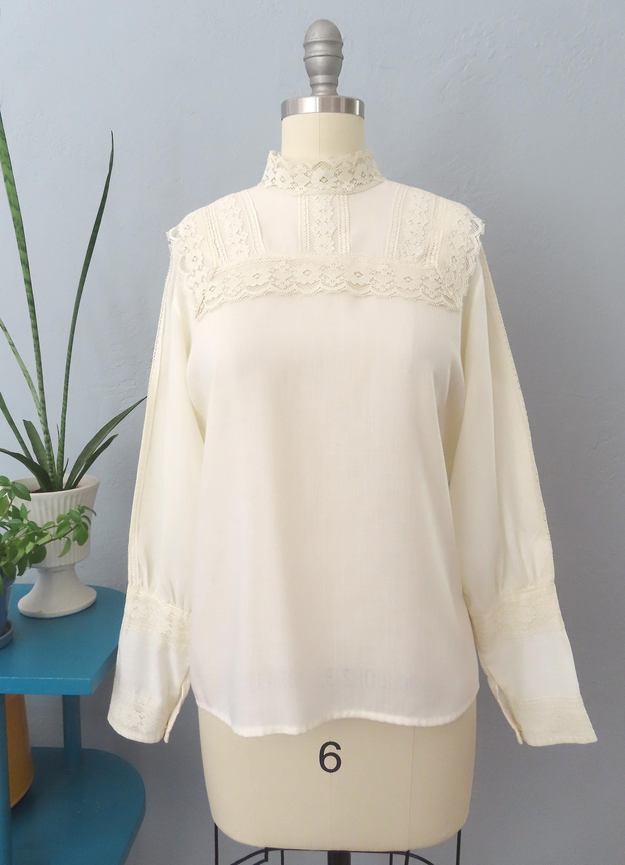 1970s Beige High Neck Lace Blouse | Medium M | Gunne Sax