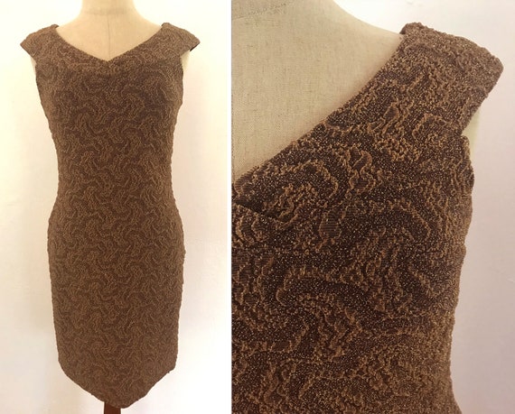 1980s bronze lace designer couture knit dress | m… - image 1