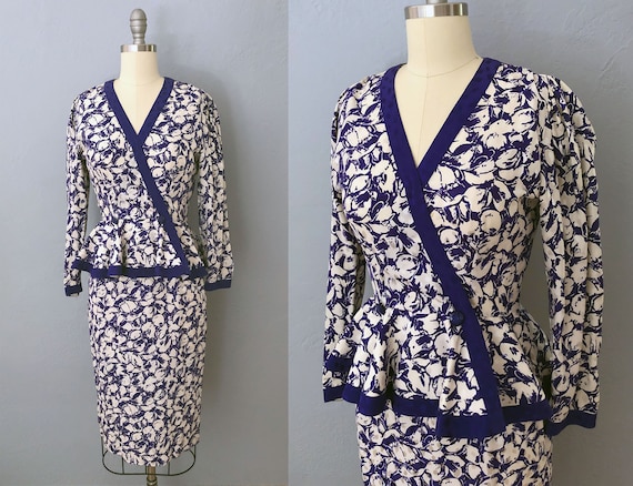 1980s silk floral blouse + skirt dress 2 piece dr… - image 1