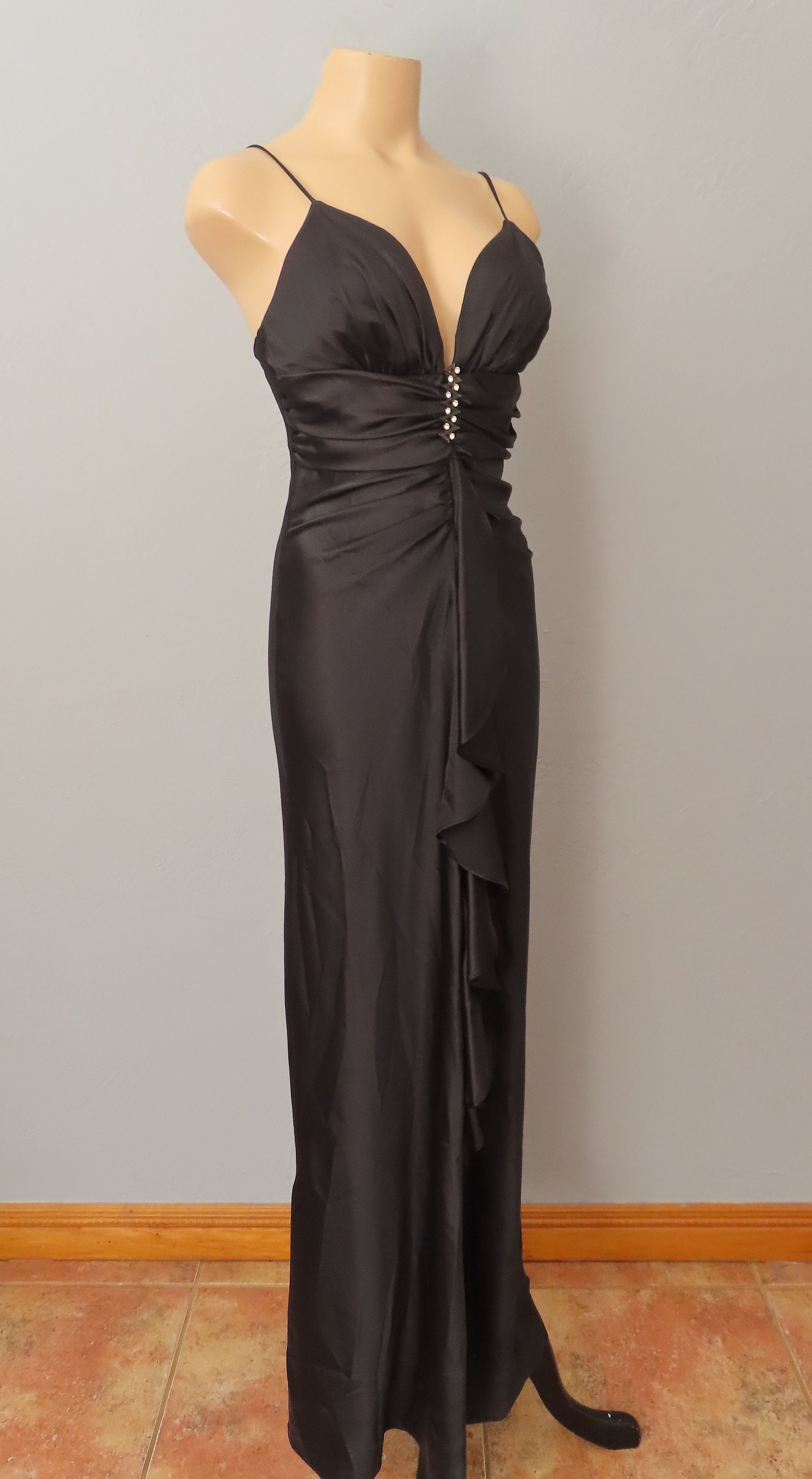 slinky cocktail dress 1990s Black Slinky Cocktail Dress: Low Cut Ruffle Waist, Size S