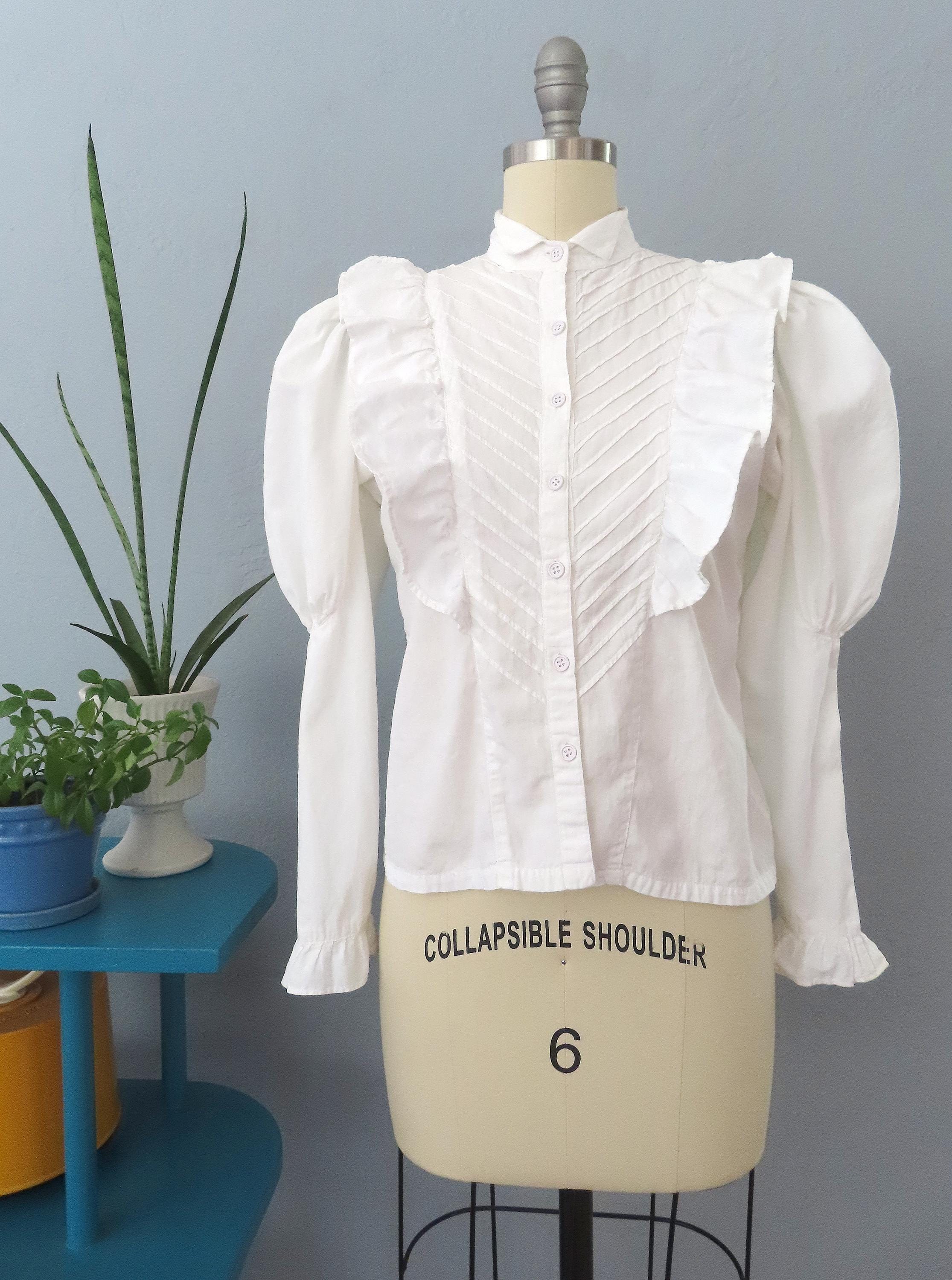 1970s Ruffle Tuxedo Blouse: Vintage Edwardian Cotton Top (S-M)