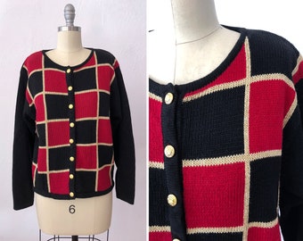 1980s metallic plaid knit sweater cardigan | size medium | gift for grandma gift for mom gift for her holiday gift cheap gifts