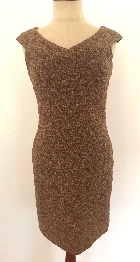 1980s bronze lace designer couture knit dress | m… - image 2