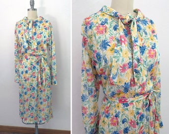 1960s tie neck floral day dress | size large | secretary dress | 1960s flower power dress | mod dress