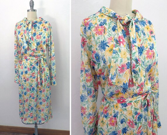 vintage 60s tie neck floral day dress | size larg… - image 1