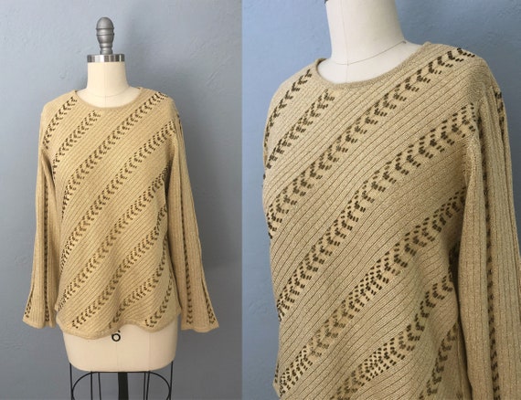 1980s gold metallic beaded knit sweater tunic | s… - image 1