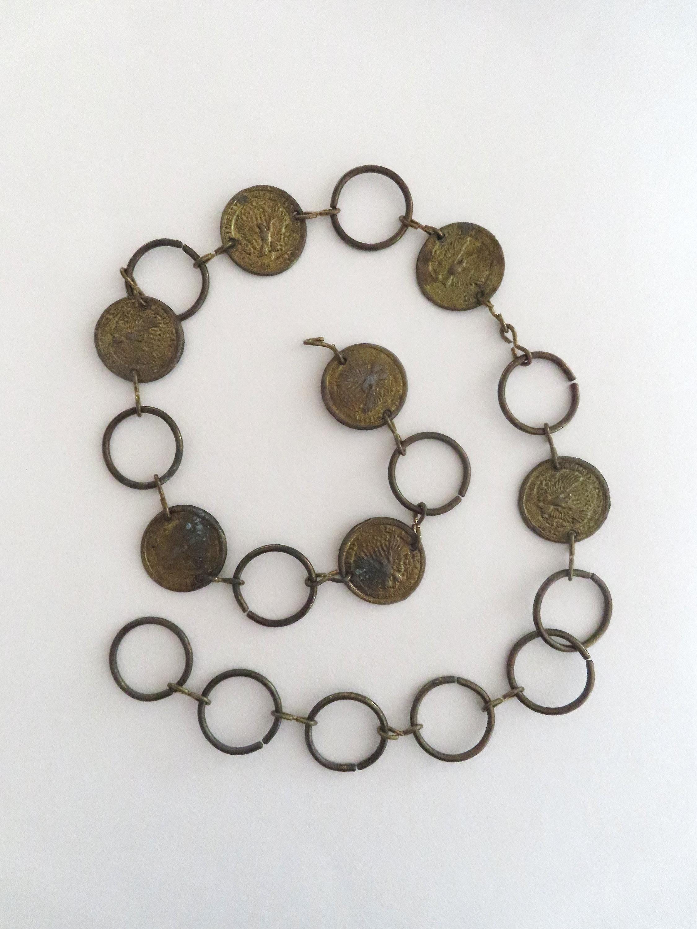 1960s Vintage Coin Chain Belt: Gold Tone Metal, Adjustable 